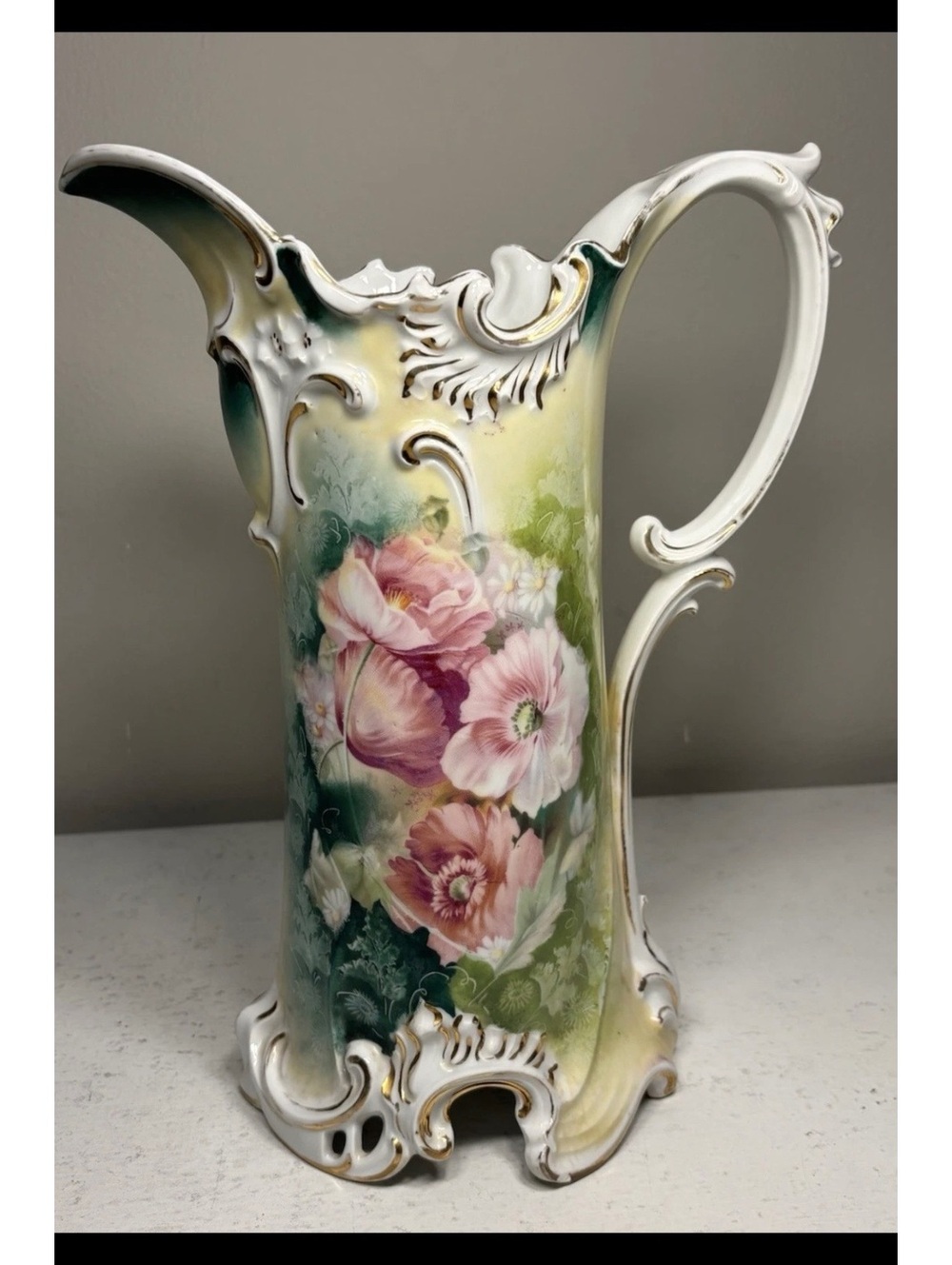 Antique R.S. Prussia Hand Painted Floral Gold Trim Tanked/Pitcher 11 1/2T